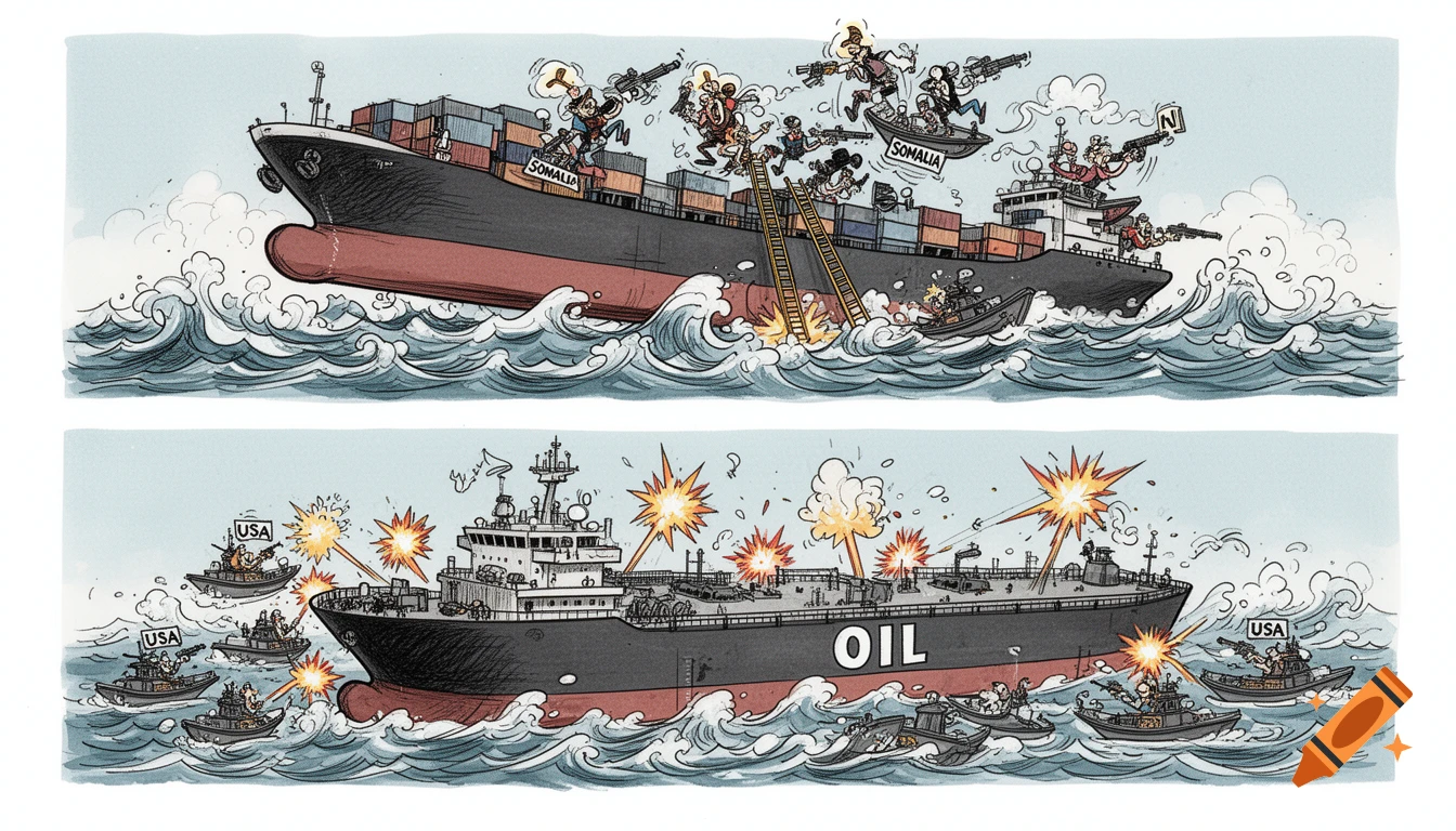 Satirical two-panel comic: Top shows Somali pirates boarding a cargo ship; bottom depicts USA military boats attacking an oil tanker.