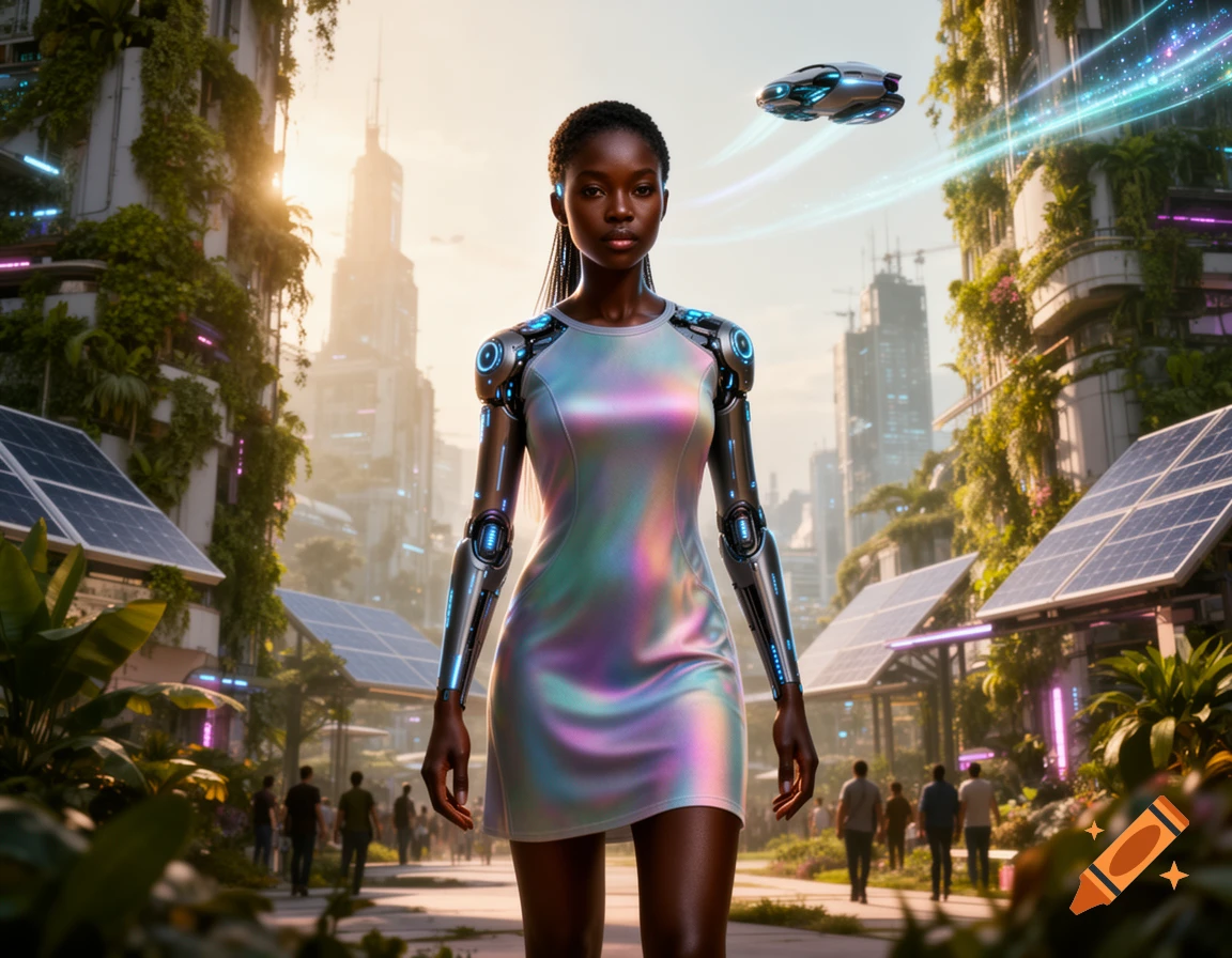 An African woman with cybernetic arms in a shimmering dress in a sunlit solarpunk city with solar panels and a flying vehicle.
