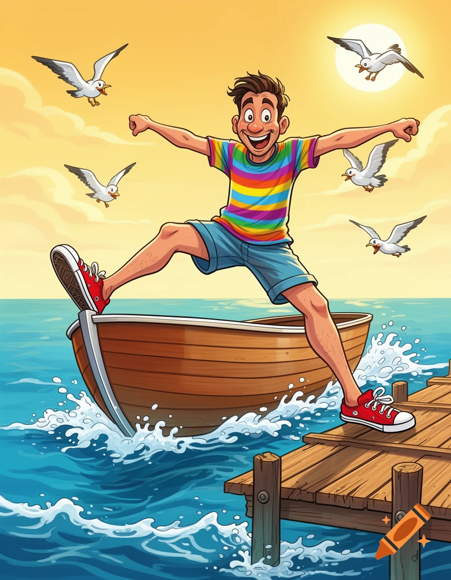 A cheerful cartoon man in a rainbow shirt straddles a wooden boat and dock under a sunny sky, with seagulls flying around.