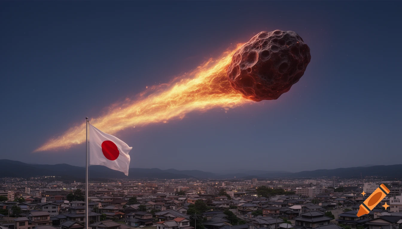 A large, fiery meteor streaks across the night sky above a Japanese city, with the Japanese flag flying in the foreground.