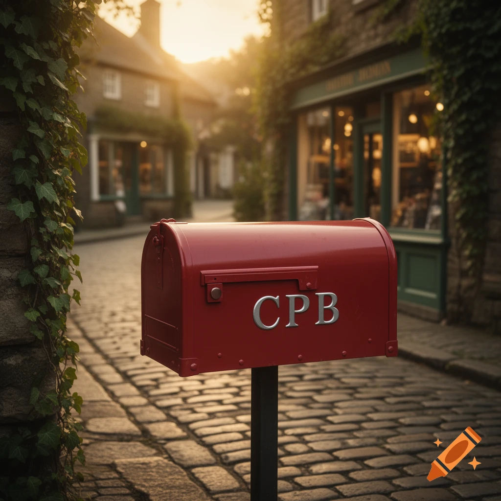 A vibrant red mailbox with the letters CPB on its side stands on a cobblestone street in a charming village at sunset.