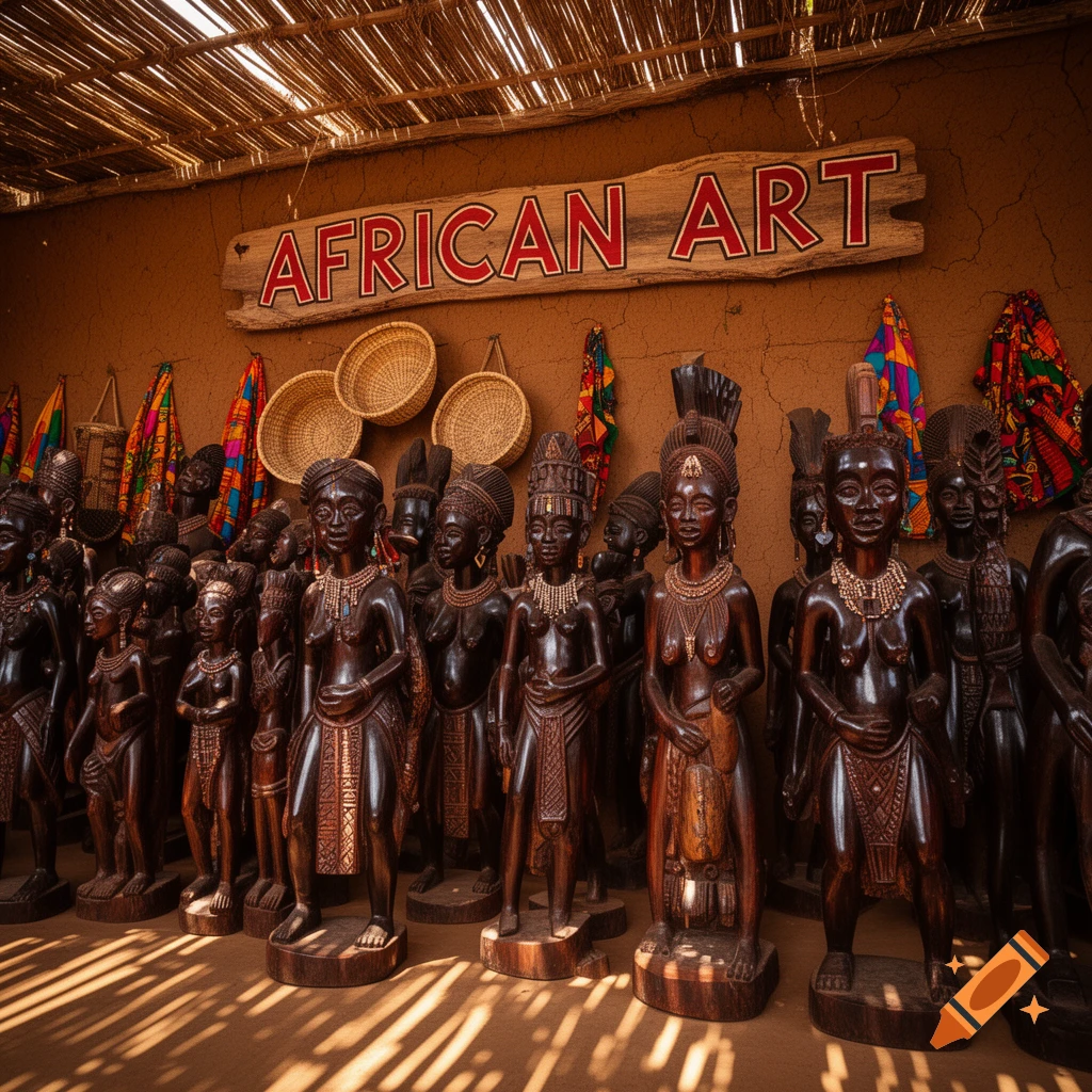 A display of dark wooden African art sculptures and figures under a straw roof, with a sign that reads "AFRICAN ART" above them.