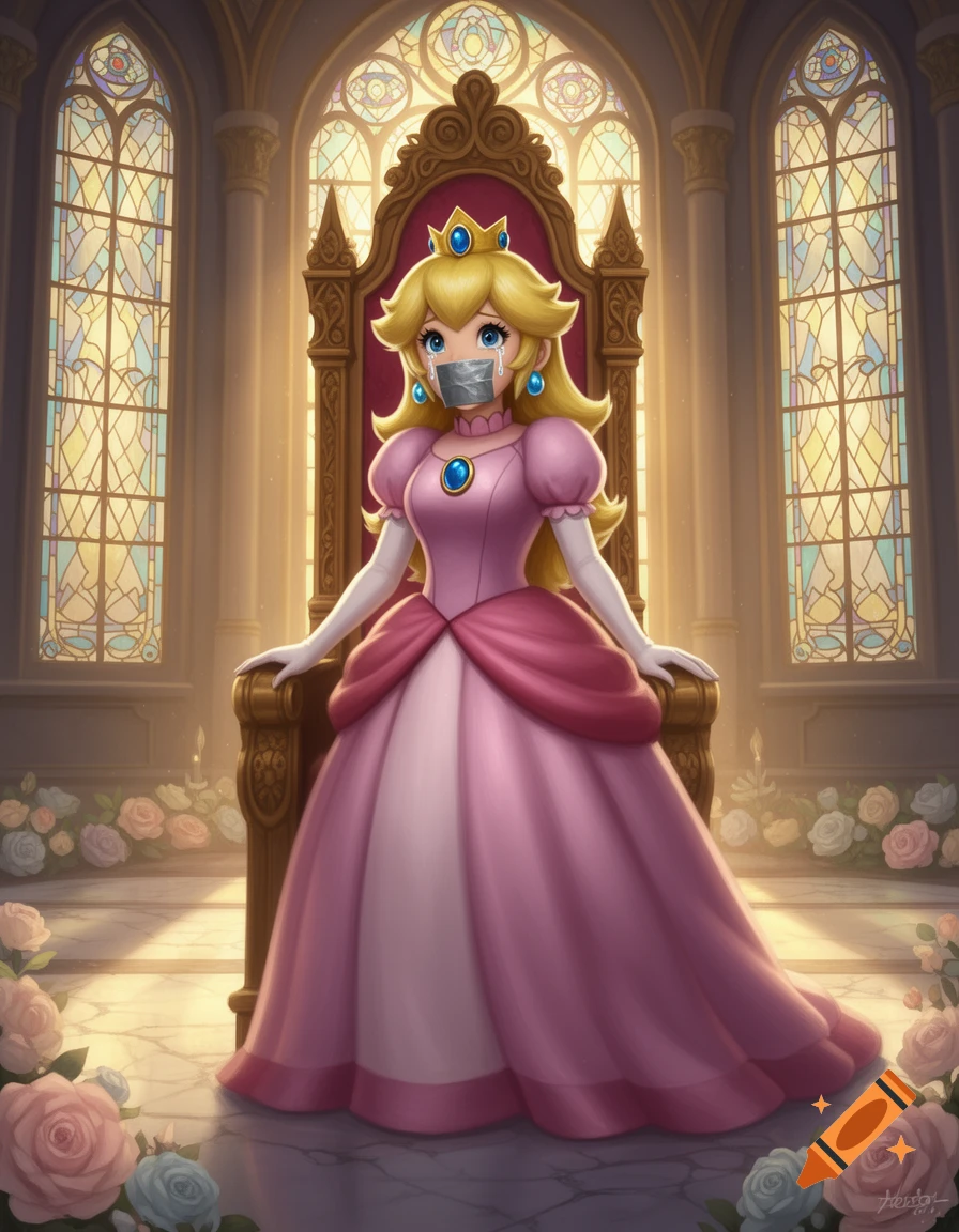 Princess Peach in a pink gown sits on a golden throne, gagged with duct tape and crying in a castle room.