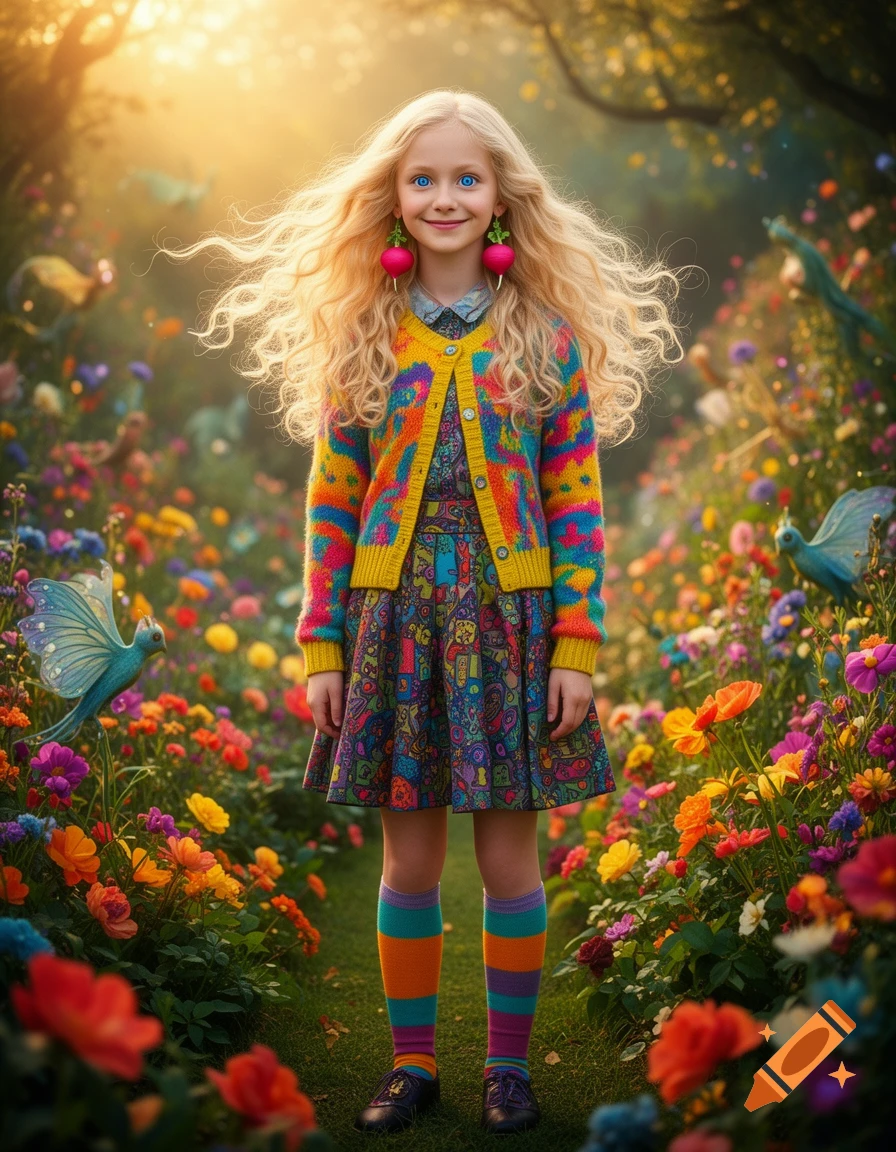 A whimsical young girl with long blonde hair, bright blue eyes, and colorful clothes stands in a magical, vibrant flower garden.