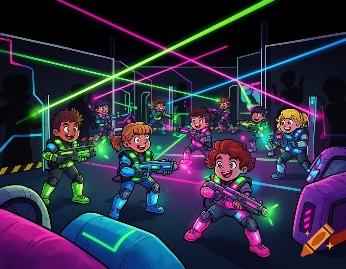 Cartoon kids playing laser tag in a neon-lit arena with colorful laser beams.