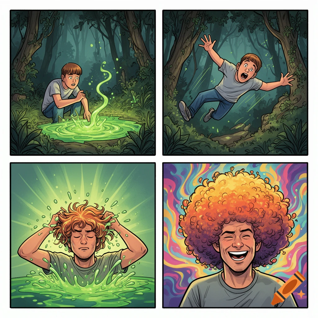 A 4-panel comic strip shows a man falling into glowing green liquid, then emerging with a huge, colorful afro.