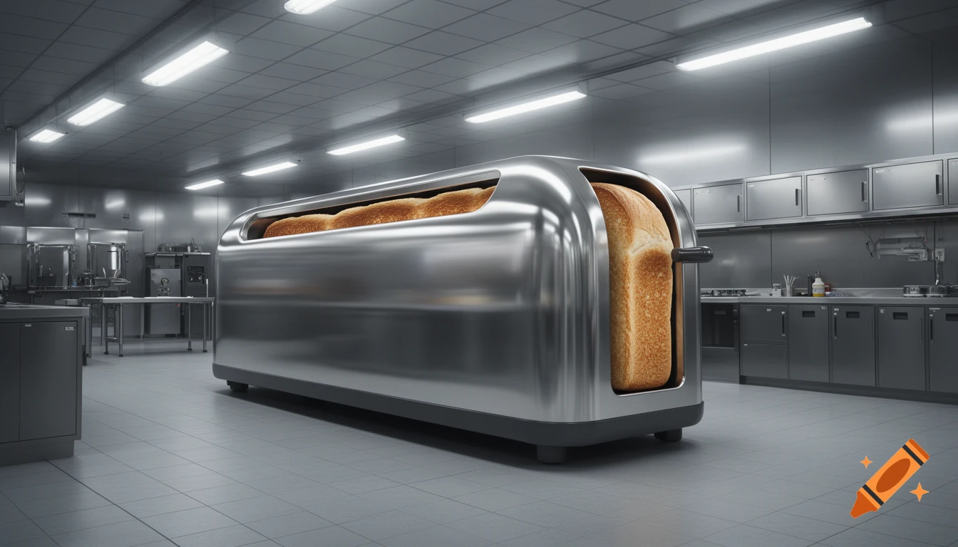 A giant, shiny metal toaster with a single wide slot holding loaves of bread in a modern, industrial kitchen.