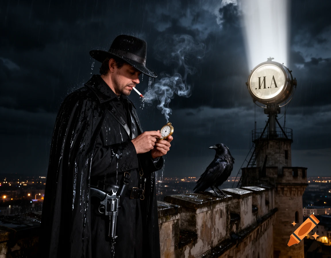 A man in a black trench coat and hat smokes in the rain on a castle roof, checking a pocket watch, next to a raven and a shining searchlight.