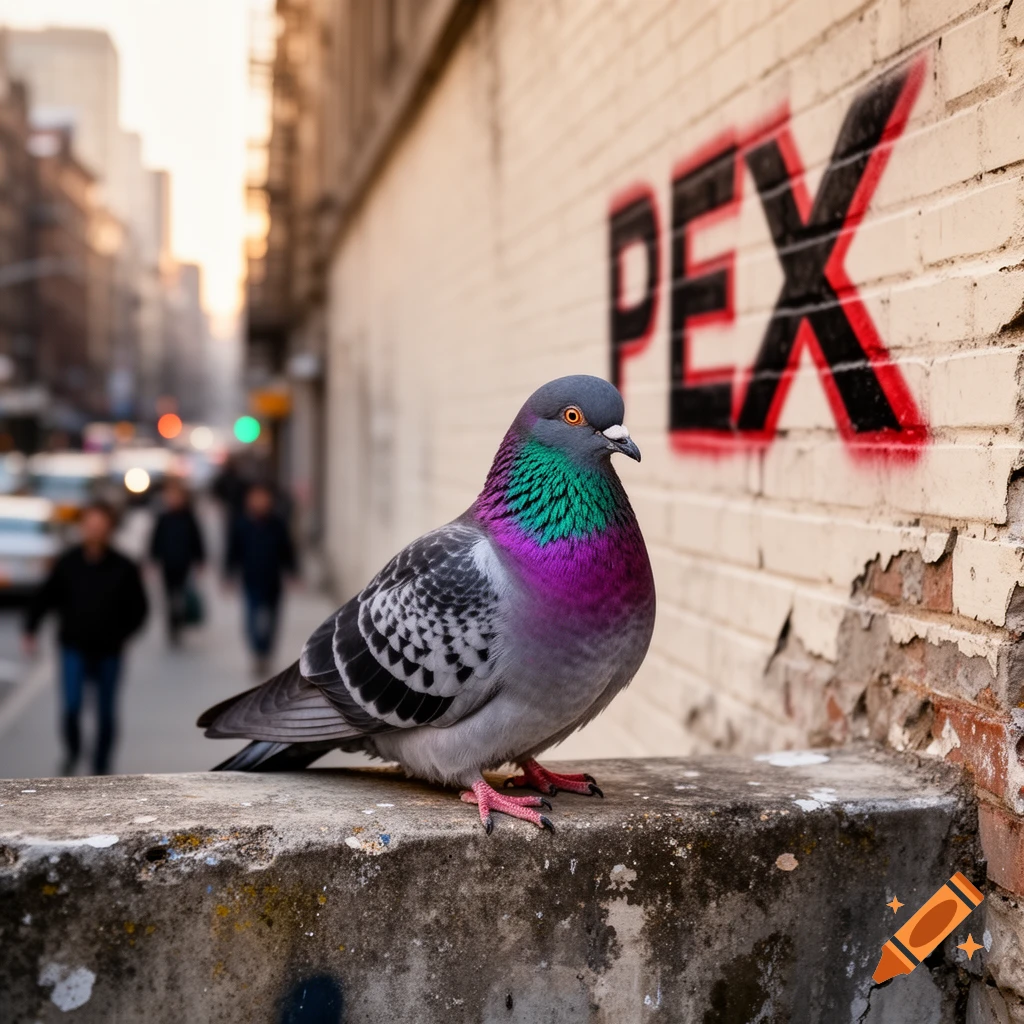 A pigeon with colorful green and purple neck feathers stands on a concrete ledge in a city, with 'PEX' graffiti on a wall.
