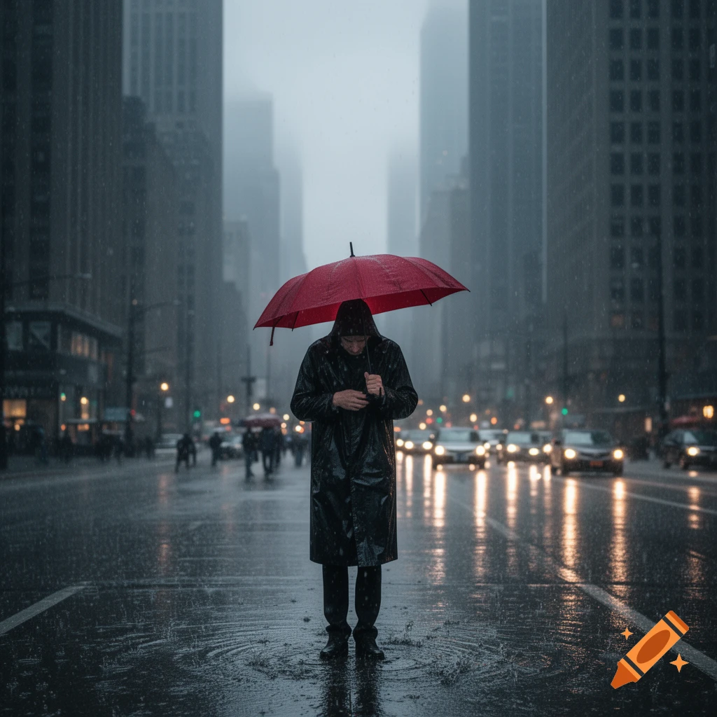 A person in a black raincoat stands in the middle of a rainy city street, holding a bright red umbrella.