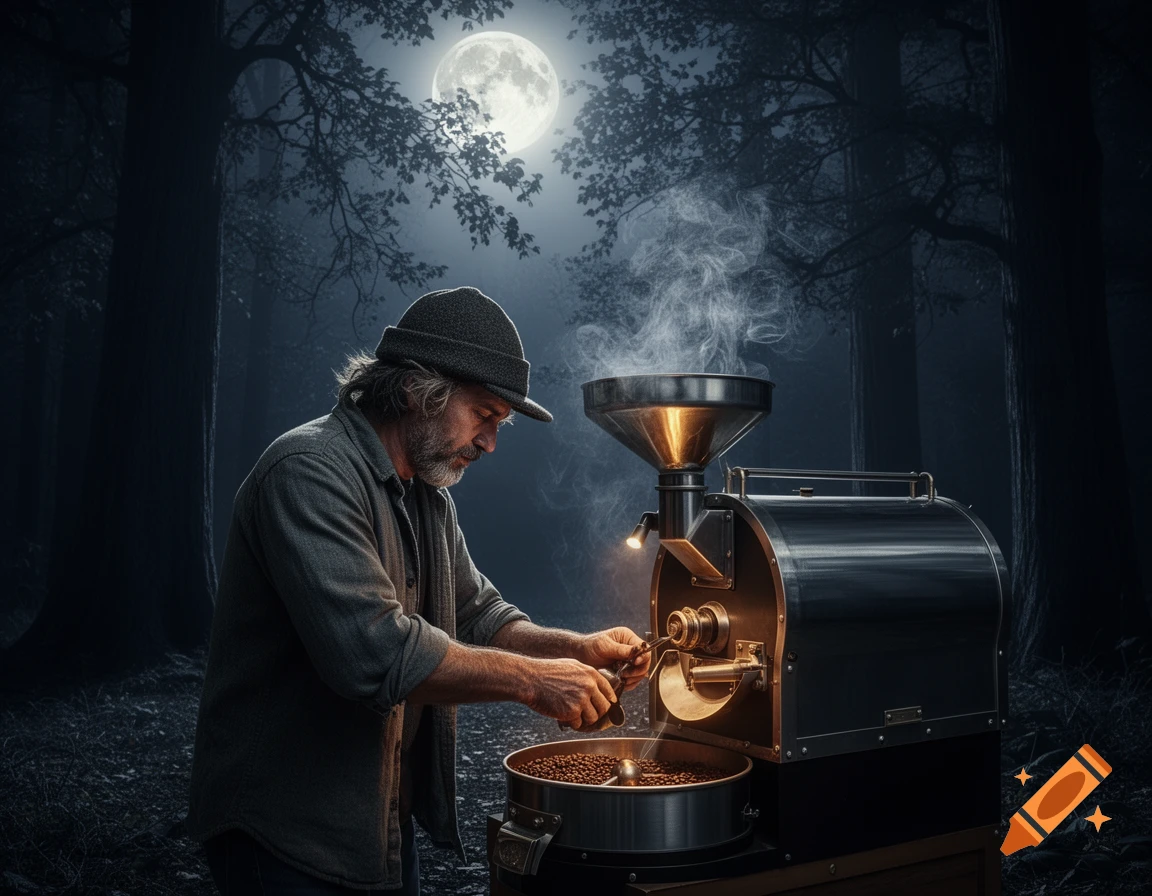 A bearded man in a hat operates a coffee roaster in a dark forest at night under a full moon, with steam rising.