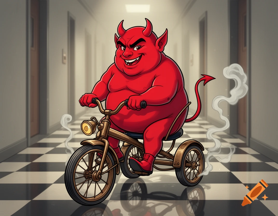 A chubby red cartoon devil with horns and a tail rides a bronze tricycle down a long hallway with a checkered floor.