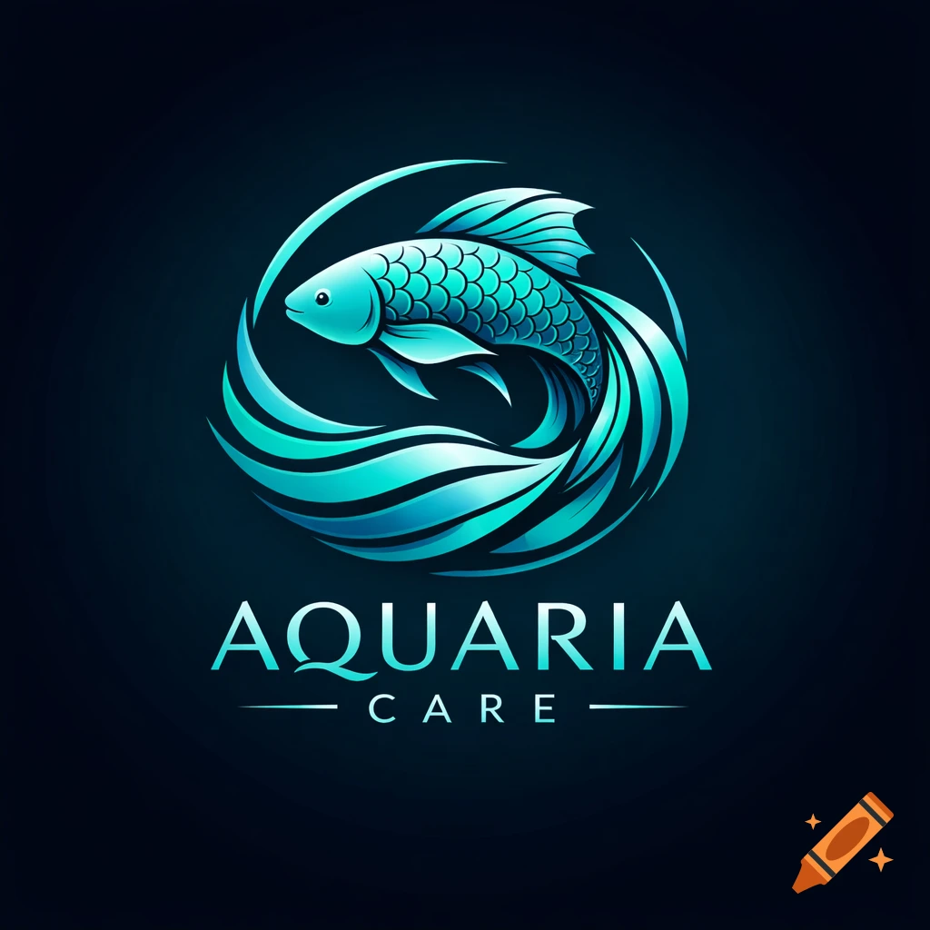Stylized blue fish in a circular wave logo with 'AQUARIA CARE' text on a dark background.