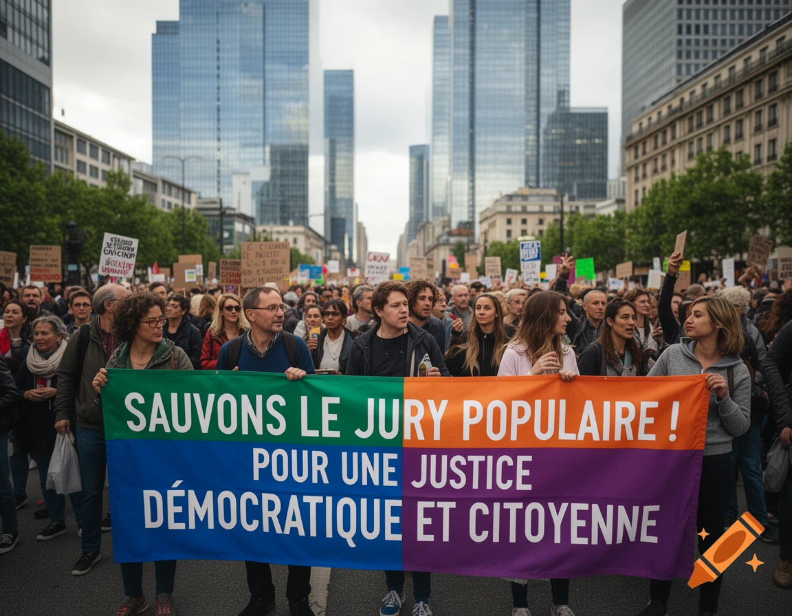 A large crowd of people marching in a city street, holding a colorful banner that reads 'Sauvons le jury populaire! Pour une justice démocratique et citoyenne'.