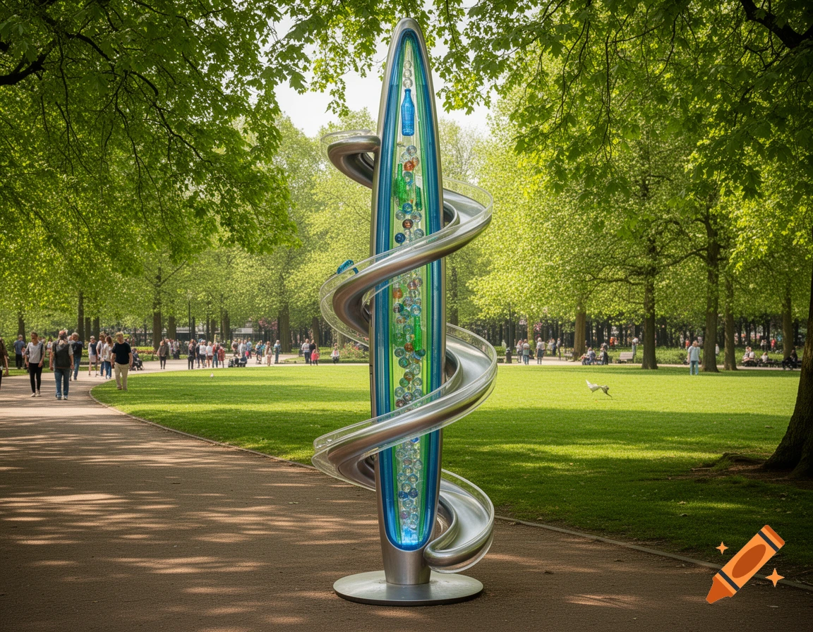 A tall, creative waste bin resembling a marble run for bottles, standing in a sunny park with trees and people.