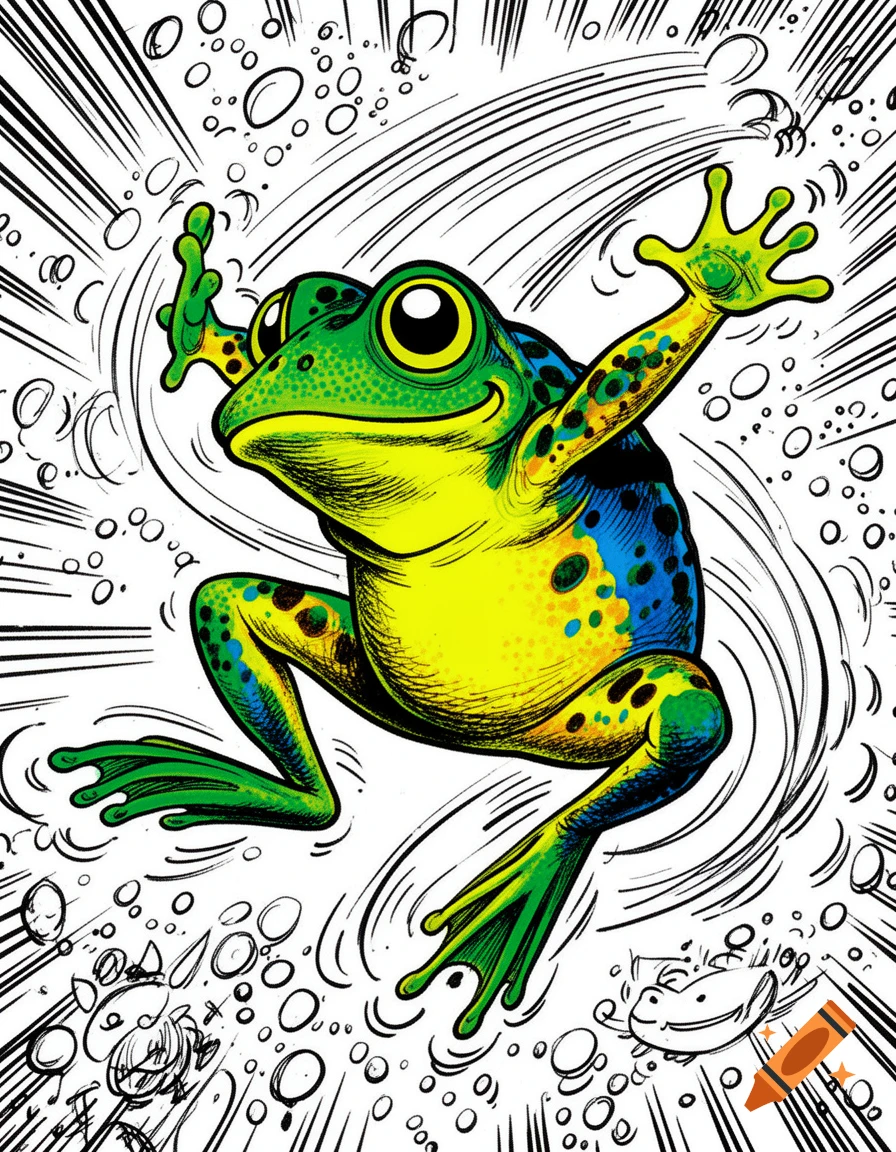 A vibrant, cartoon-style frog with green, yellow, and blue spots leaps amidst speed lines and bubbles.