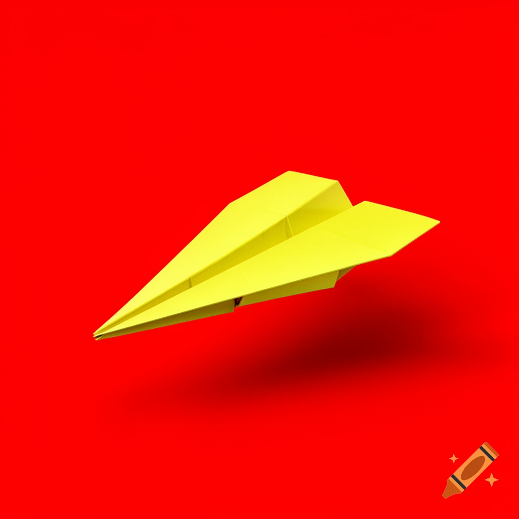 A bright yellow paper airplane floats against a solid red background.