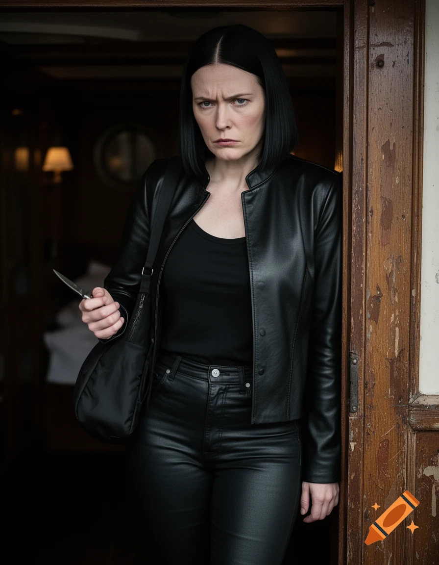 A tense woman with black hair in a black leather jacket and pants holds a knife while standing in a doorway.