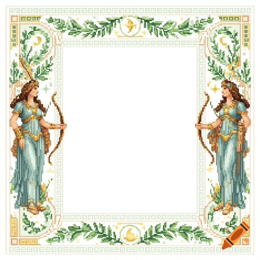 Pixel art border with two figures of Artemis holding bows, adorned with green leaves and a Greek key pattern, on a white background.