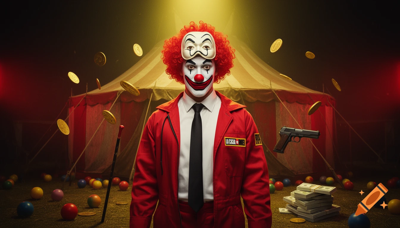 A clown in a red jumpsuit and Dali mask stands before a circus tent, with flying coins, a pistol, and money on the ground.