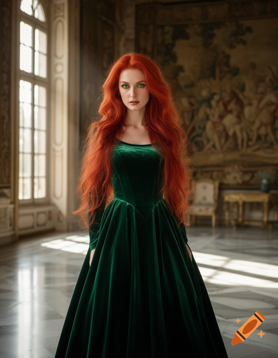 A woman with long red hair and bright green eyes wears a dark green ...