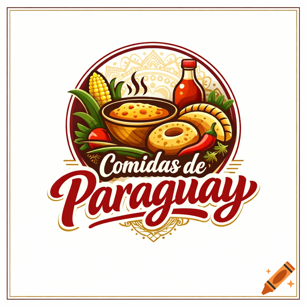 A vibrant logo for Paraguayan food, featuring a steaming bowl, corn, empanadas, chilis, and the text 'Comidas de Paraguay'.