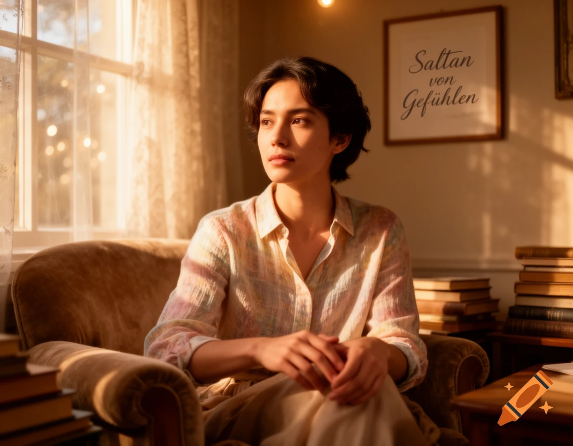 A young person with short dark hair sits in an armchair, bathed in warm sunlight, with books stacked around them and text on a framed picture in the background.