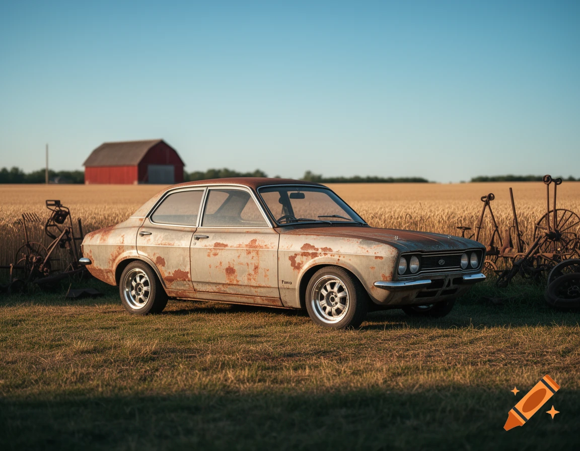 A rusty 1975 Ford Cortina with retro rally wheels sits in a grassy field, with a wheat field and red barn behind it.