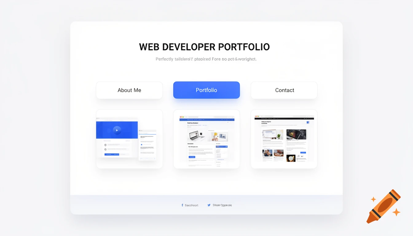 A minimalist web developer portfolio landing page design with sections for 'About Me', 'Portfolio', and 'Contact', featuring three preview screens of mock websites.