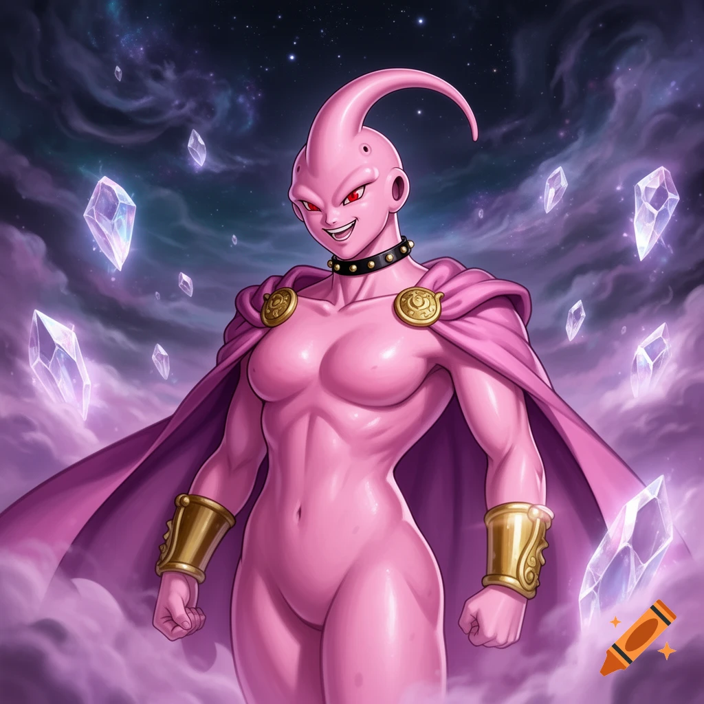 A muscular, pink-skinned female character with red eyes and an antenna, wearing a purple cape and choker, against a starry purple cloudscape with glowing crystals.