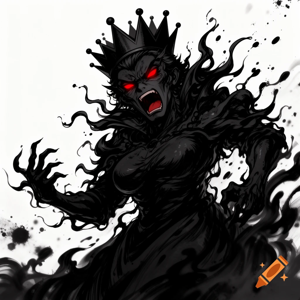 Anime-style dark ink monster with a crown, glowing red eyes, and an angry open mouth, reaching with clawed hands amidst ink splatters.
