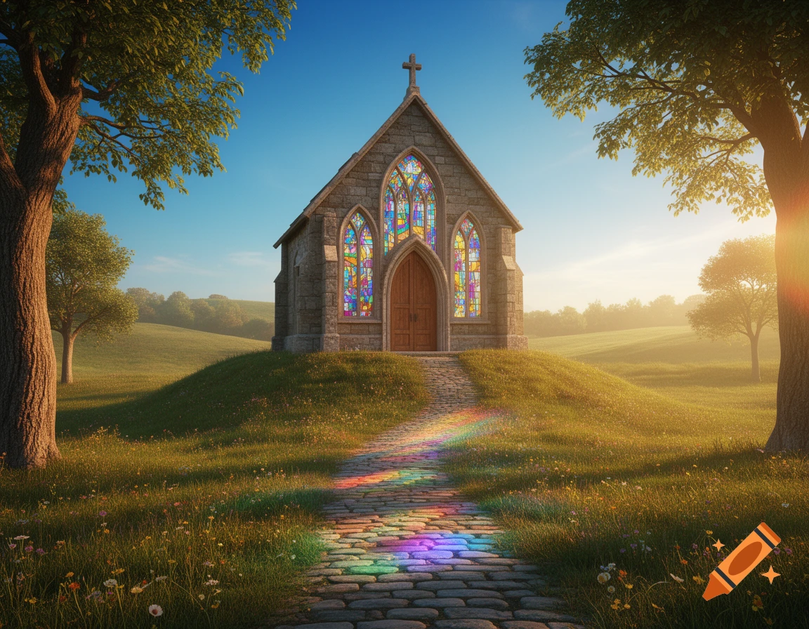 A charming stone chapel with stained-glass windows sits on a grassy hill, a rainbow path leading to its door, under a clear blue sky.