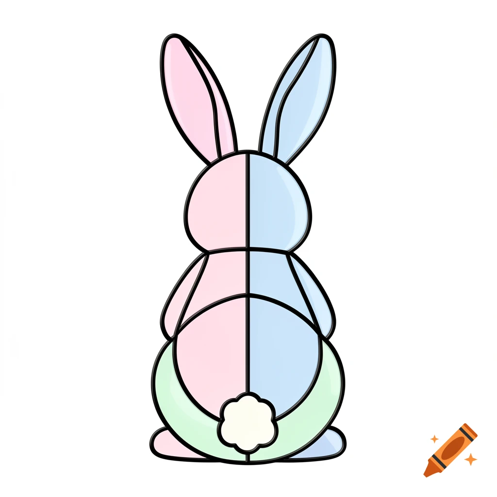 A stylized bunny in a stained glass pattern, divided into pastel pink, blue, and green sections with a white tail, against a white background.