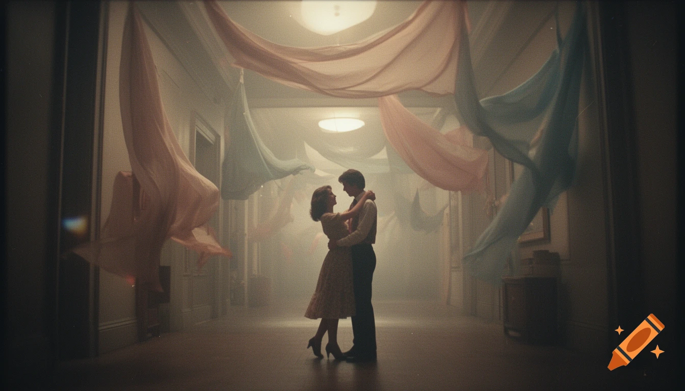 A couple slow dancing in a foggy, ethereal hallway with floating fabric, a moody, cinematic vintage scene.