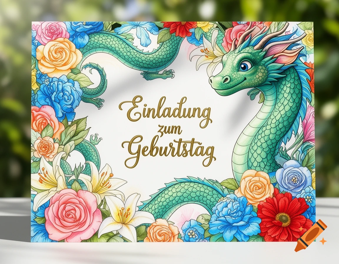 Illustration of a friendly green dragon surrounded by colorful flowers, with German text 'Einladung zum Geburtstag' on a white background.