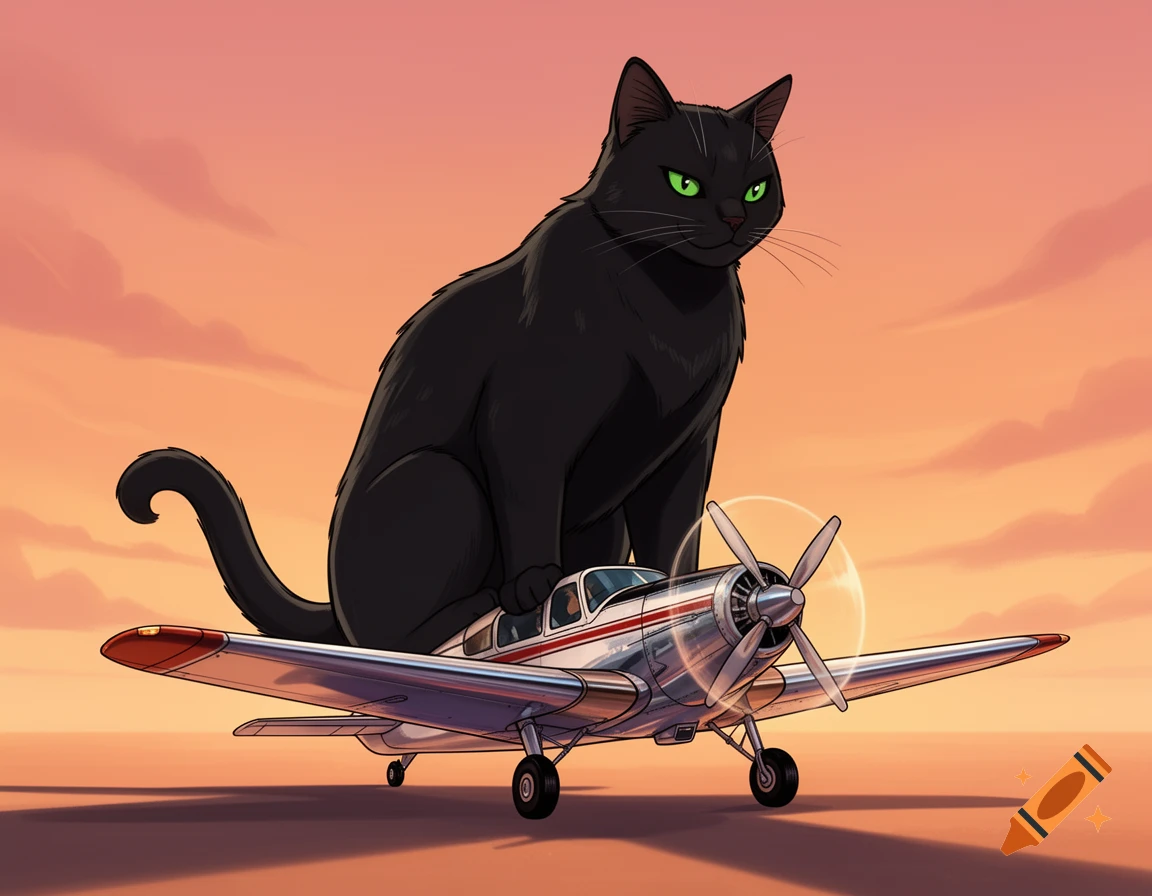 A large black cat with vivid green eyes sits on a silver airplane, depicted in a bright cartoon style at sunset.