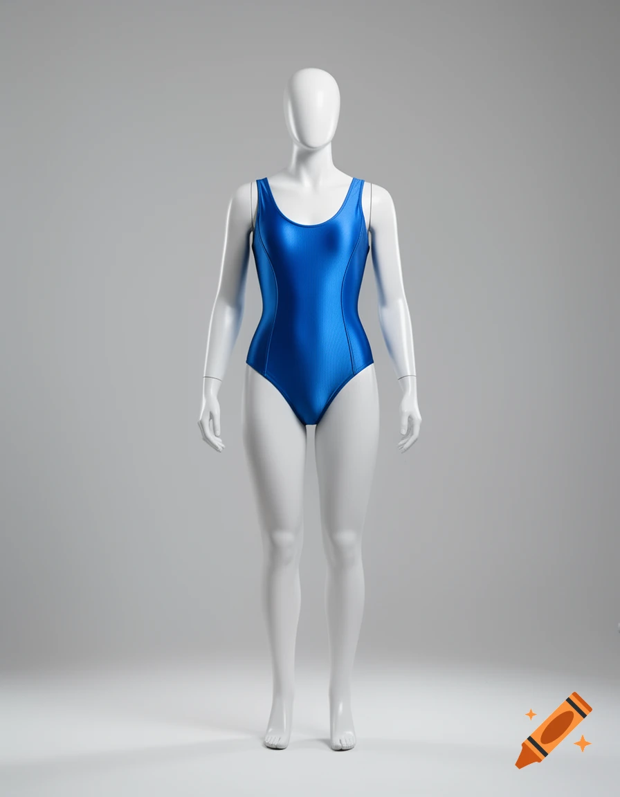A white mannequin stands against a gray background, wearing a shiny blue one-piece swimsuit.