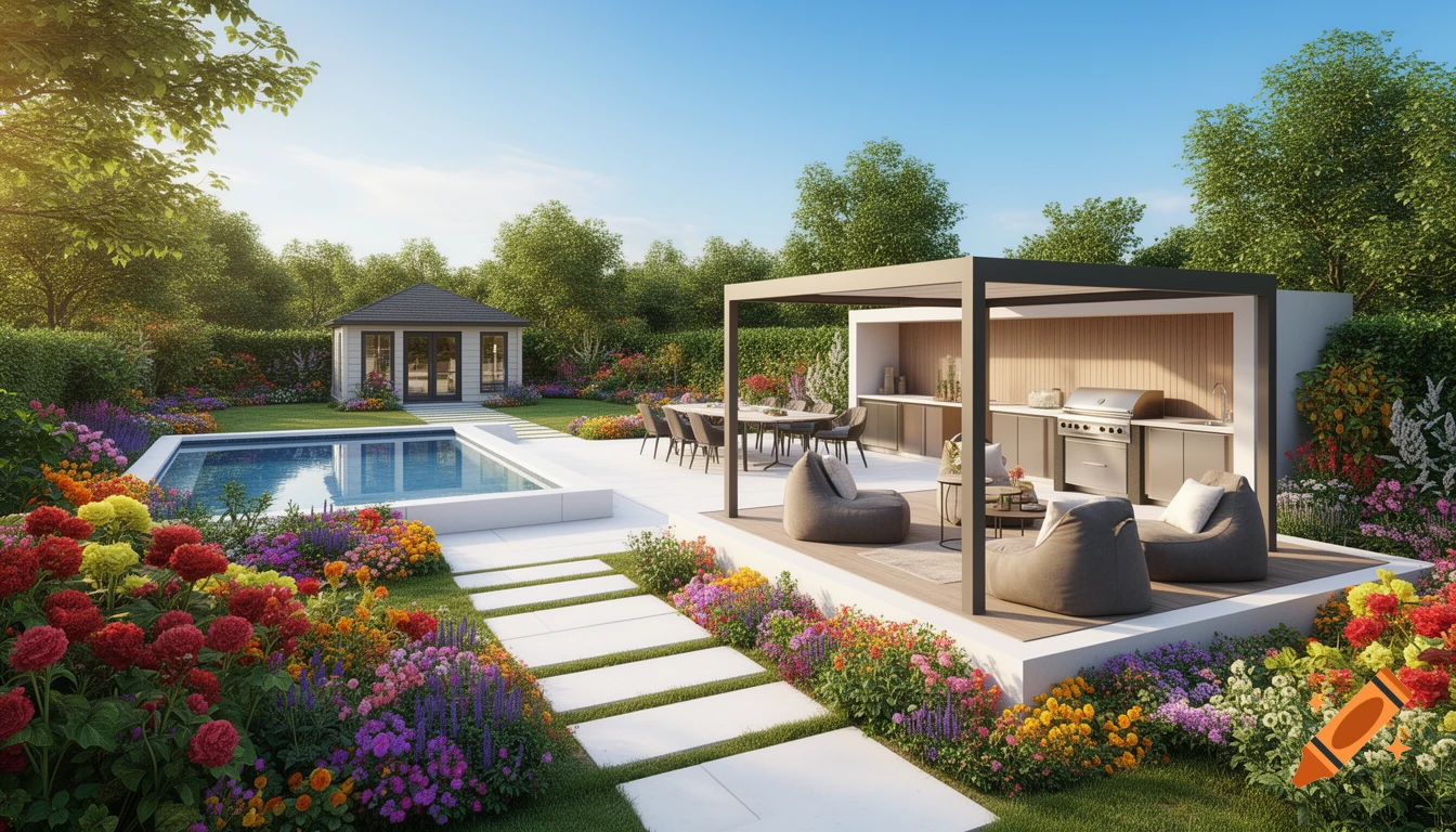 A modern dream garden with a pool, outdoor kitchen, dining, and lounge area, featuring vibrant flowers and white stone paths under a sunny sky.
