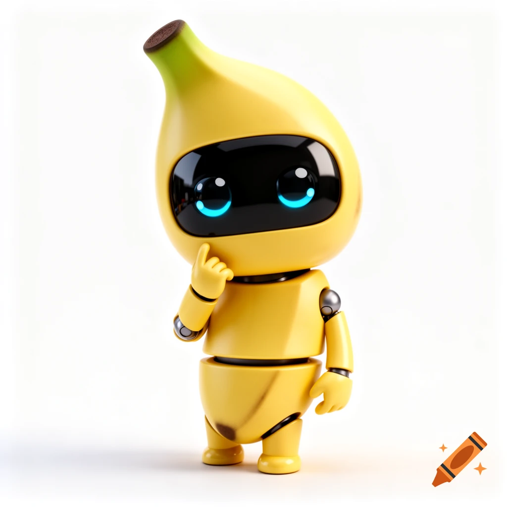 A cute 3D chibi banana robot with a yellow body, black visor, and glowing blue eyes, in a thinking pose.