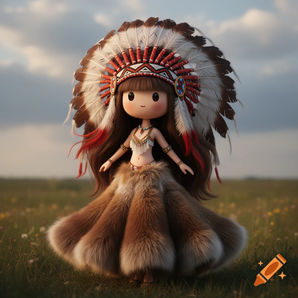 A cute kawaii doll with long brown hair, a large feathered war bonnet, a beaded top, and a fluffy fur skirt stands in a grassy field.