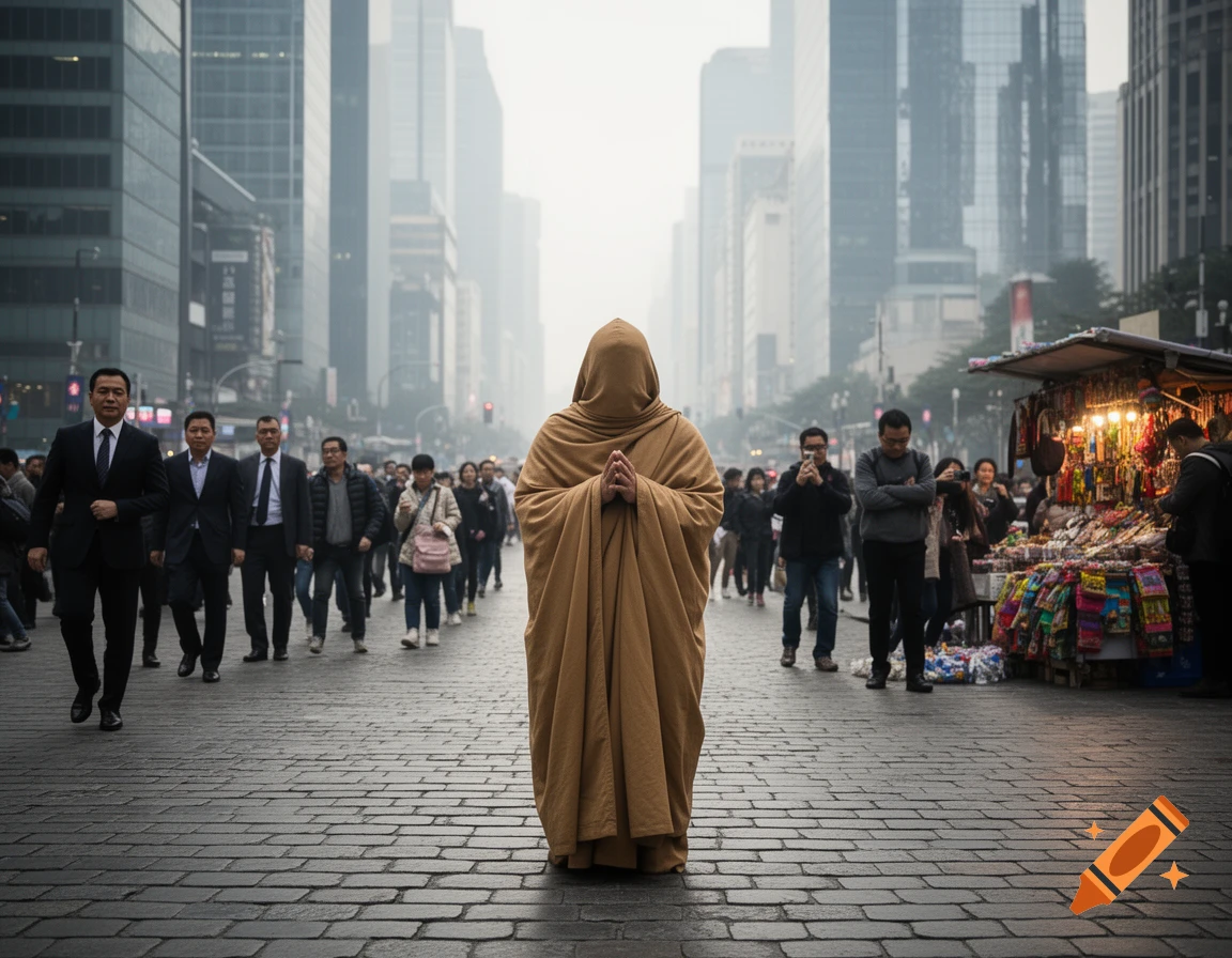 A cloaked monk with hands pressed together stands in prayer on a cobblestone city street bustling with people and market stalls, flanked by tall buildings.