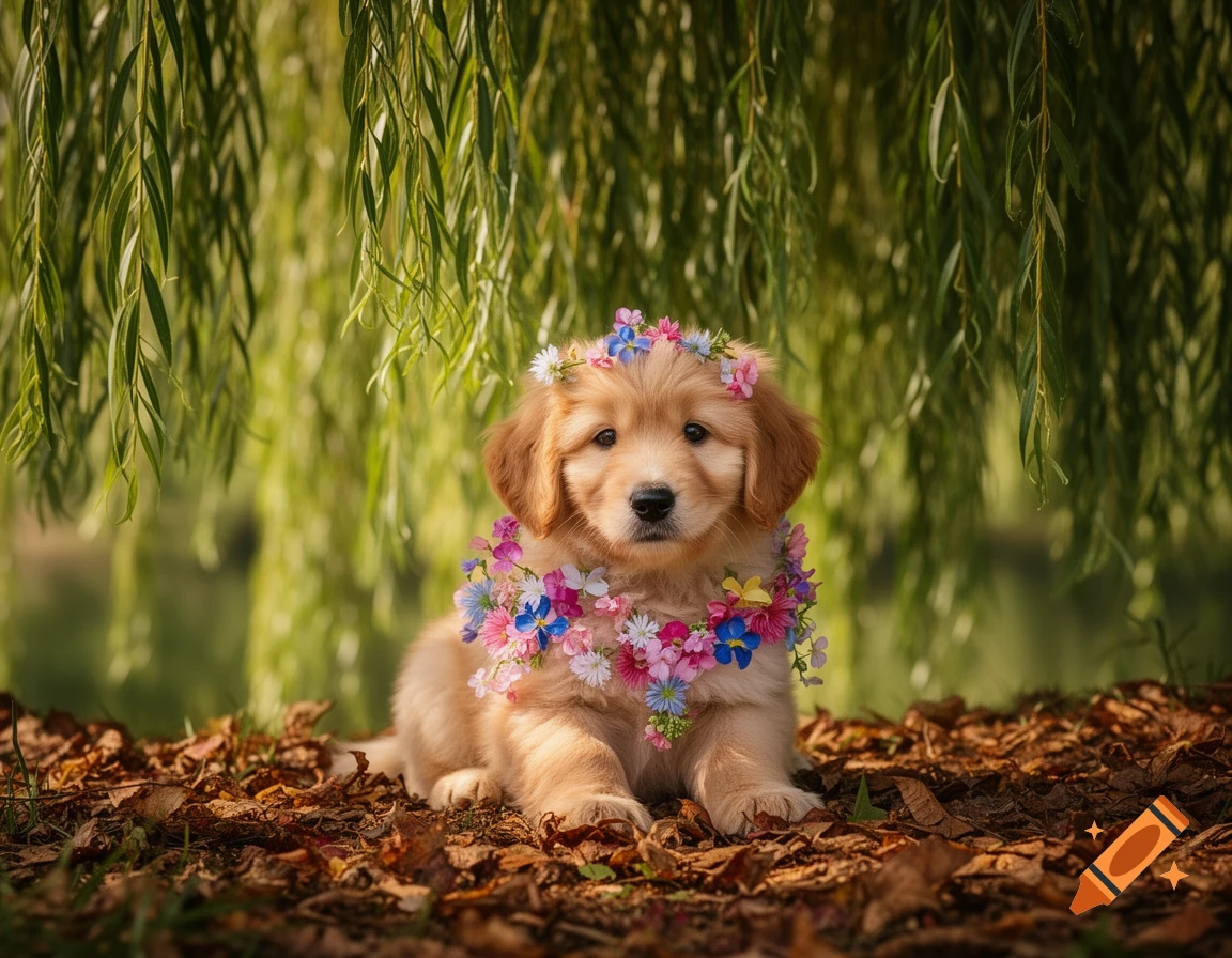 A golden retriever puppy wearing a colorful flower crown, sitting on autumn leaves under a weeping willow tree.