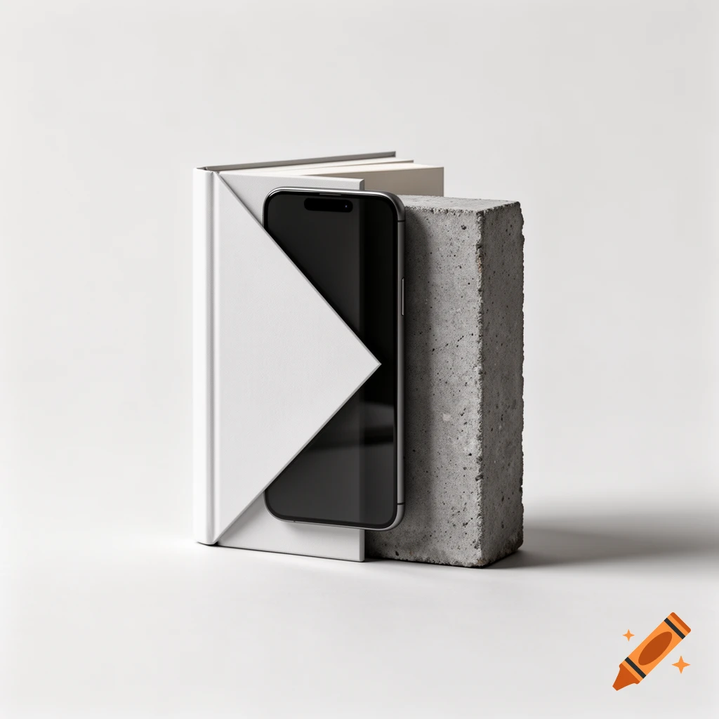 A minimalist composition featuring a smartphone nestled inside a white book, with a concrete brick standing beside it on a white surface.