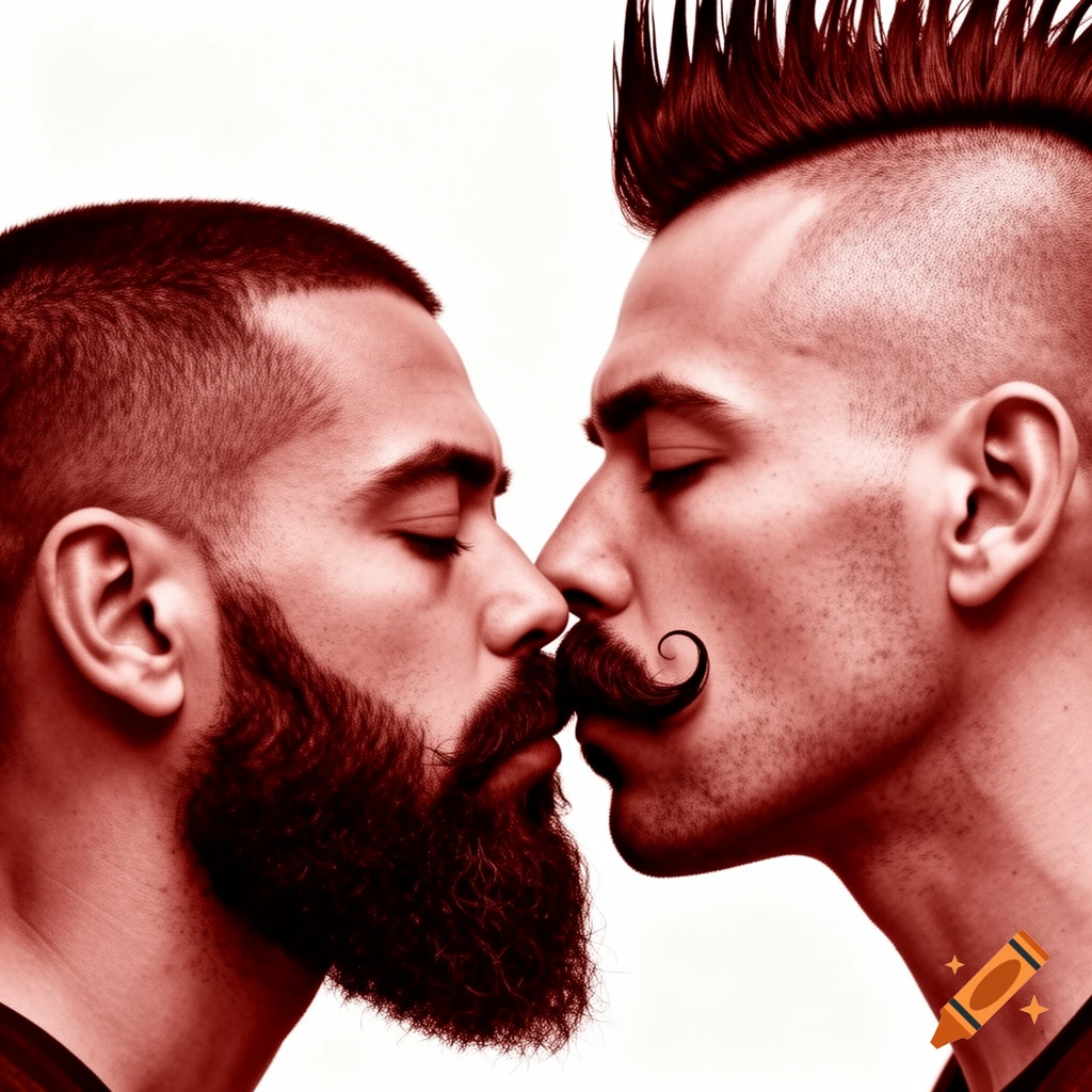 Close-up monochrome red-toned portrait of two men with beards and mustaches kissing.