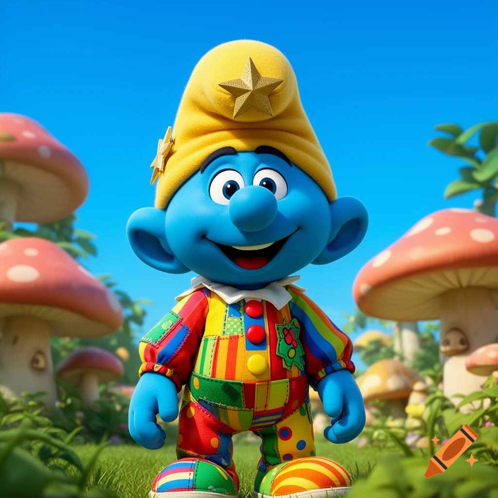 A blue Smurf character dressed in a colorful patchwork clown suit with a yellow star-studded hat smiles in a vibrant mushroom forest.