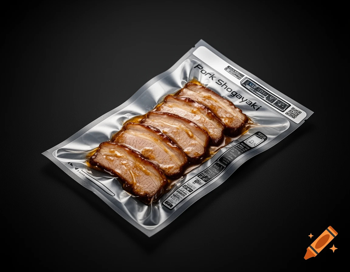Slices of glazed pork shogayaki are vacuum-sealed in a sleek, clear plastic package with "Pork Shogayaki" text and other labels on a dark background, depicting a high-tech field ration.
