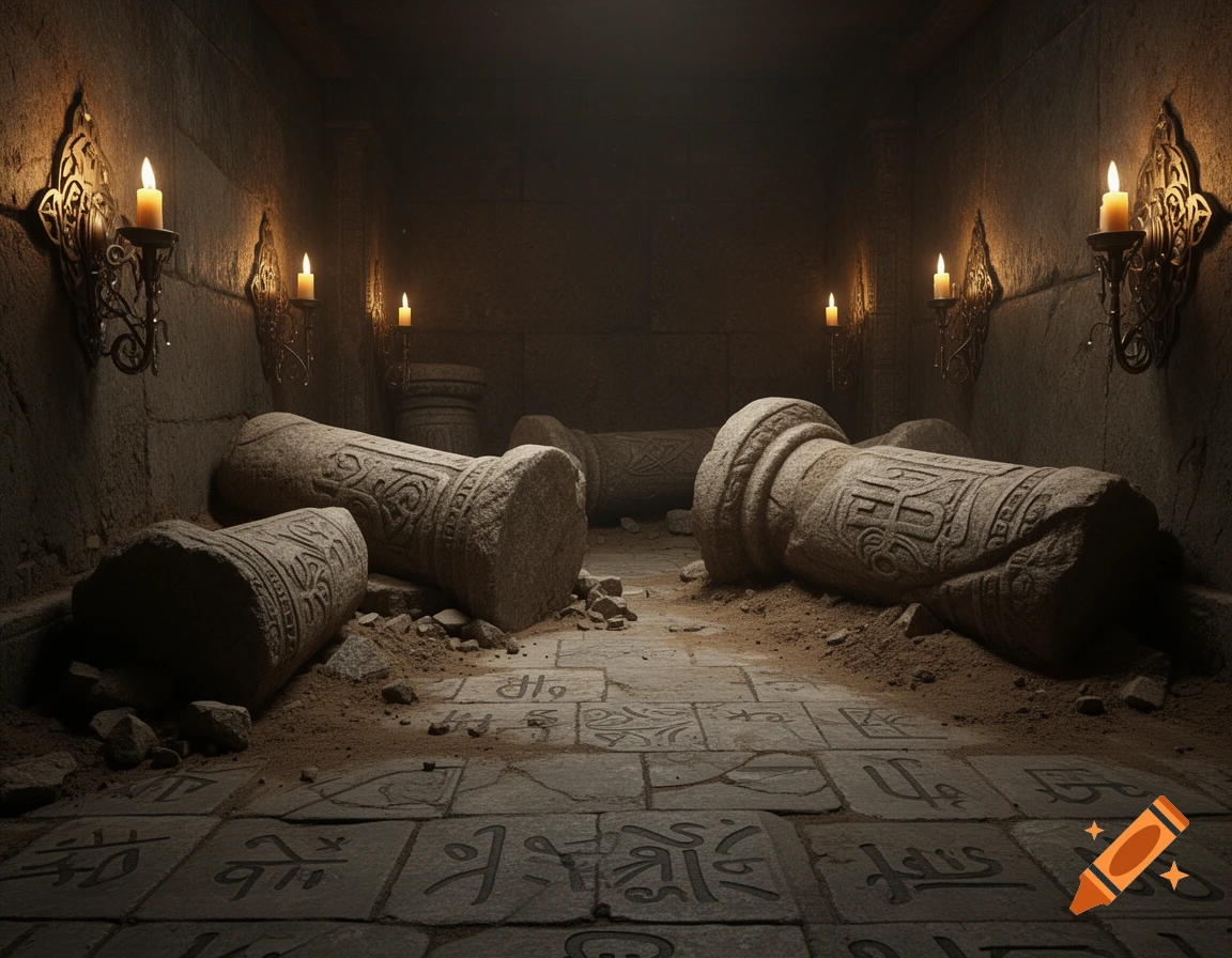 Dimly lit stone crypt with broken, carved pillars, symbolic floor tiles, and lit candles on the walls.