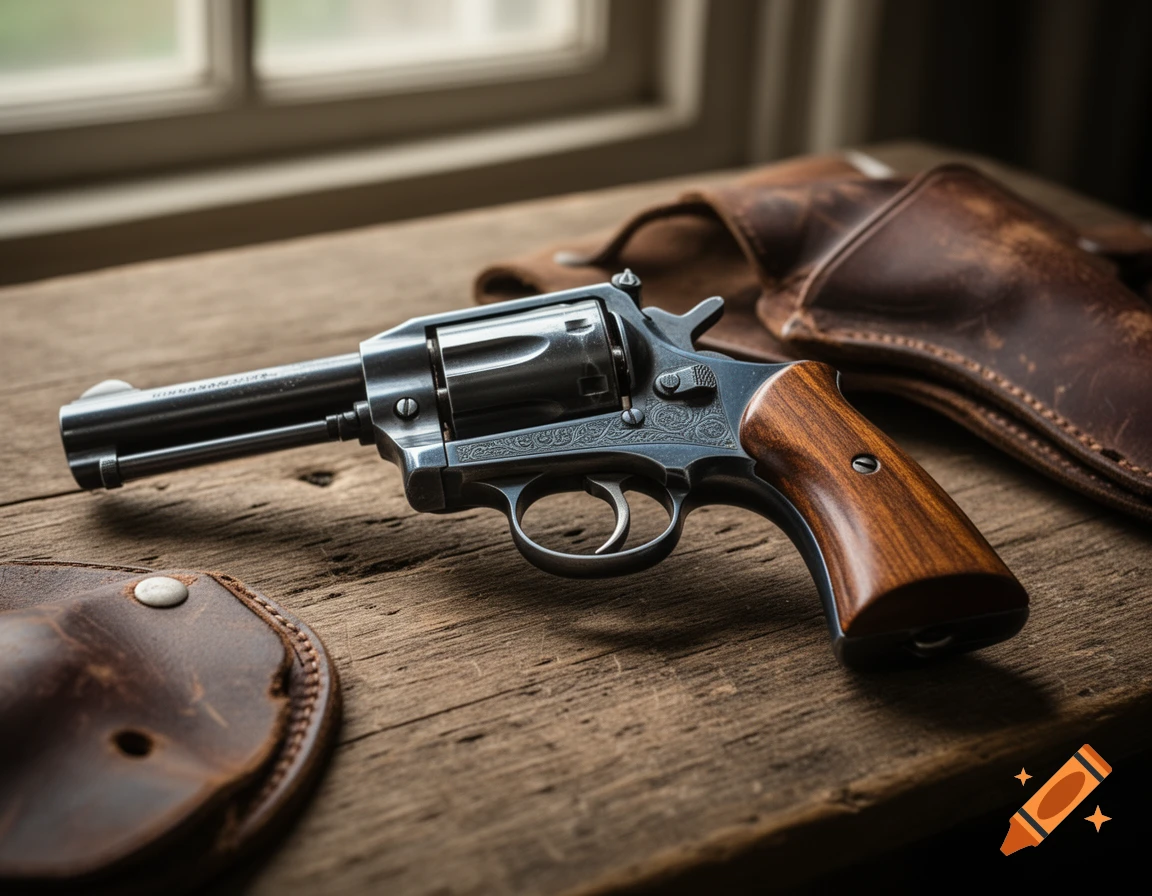 A close-up, photorealistic image of a vintage revolver with a wooden grip, resting on a rustic wooden table next to a leather holster.
