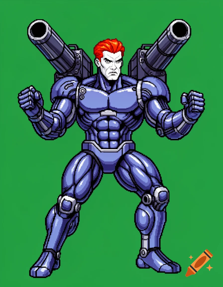 Pixel art of a muscular cyborg with red hair and shoulder-mounted cannons on a green background.
