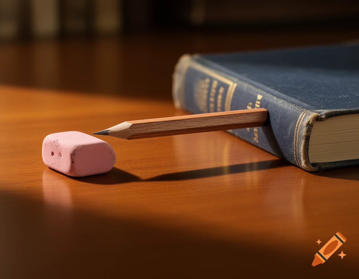 A photorealistic still life image shows a wooden pencil placed between a pink eraser and a blue book on a shiny wooden desk.